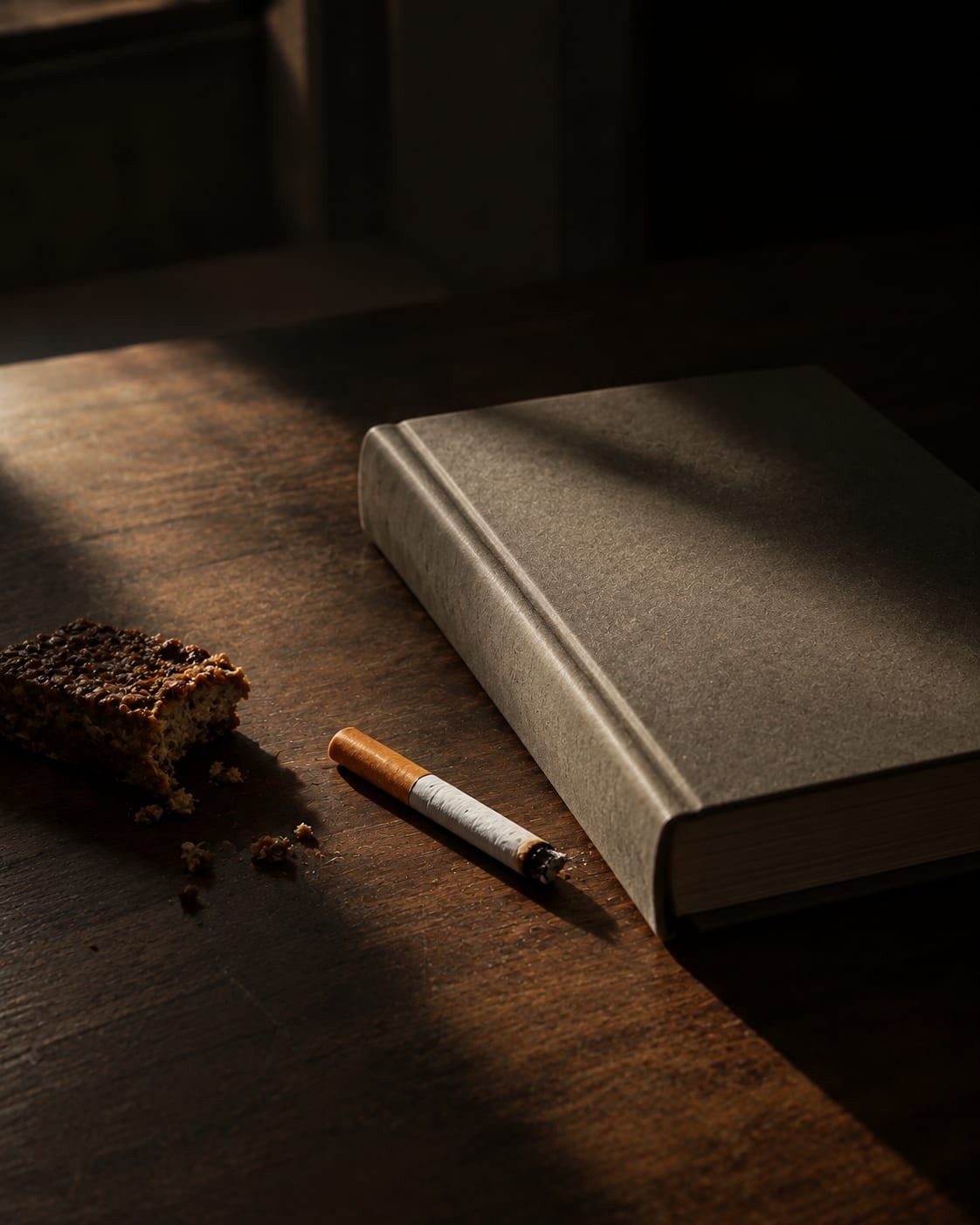 Um cigarro ao lado de um livro fechado sobre uma mesa, sob luz dura