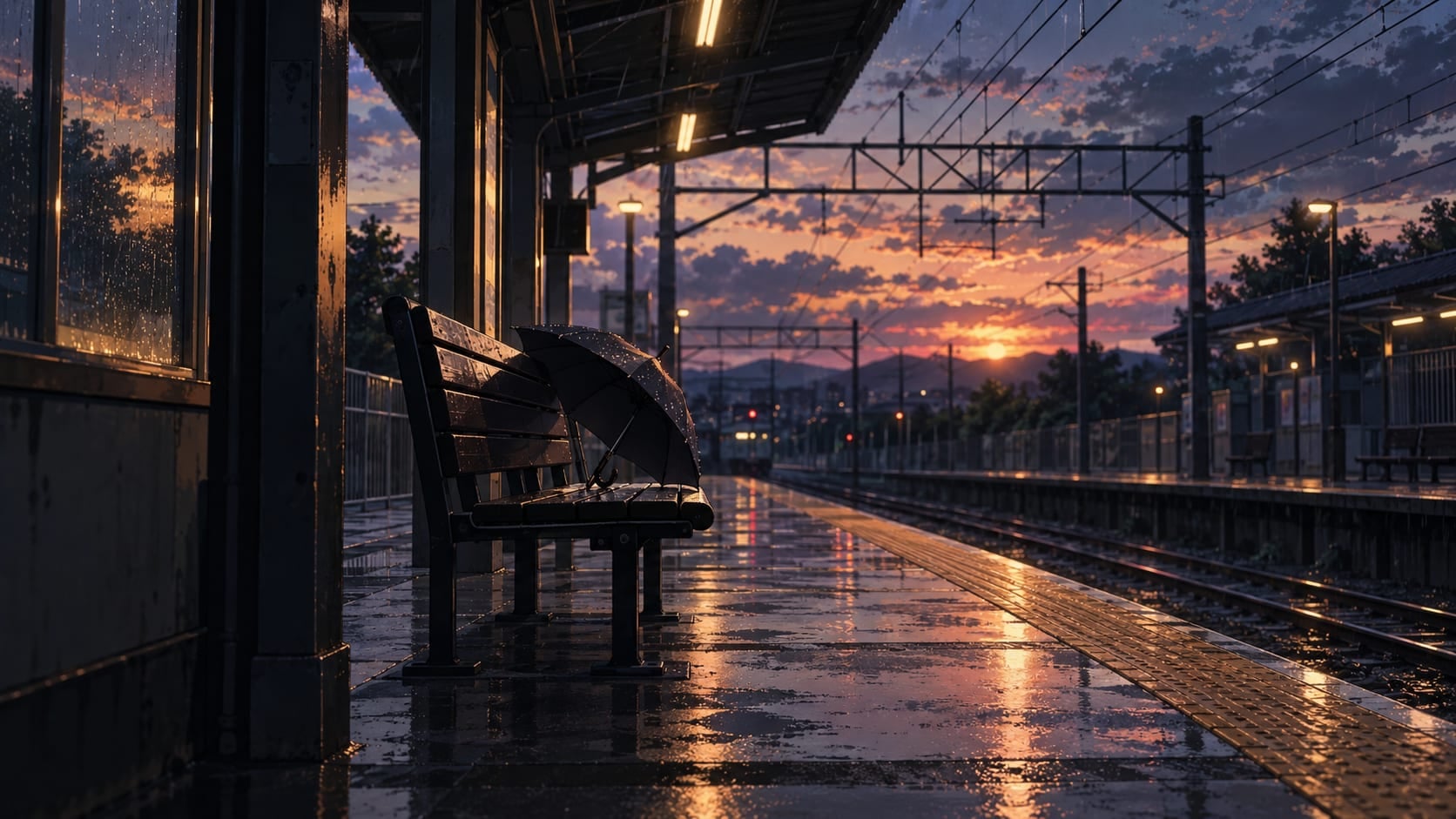 Plataforma de trem vazia ao entardecer, com um guarda-chuva esquecido num banco