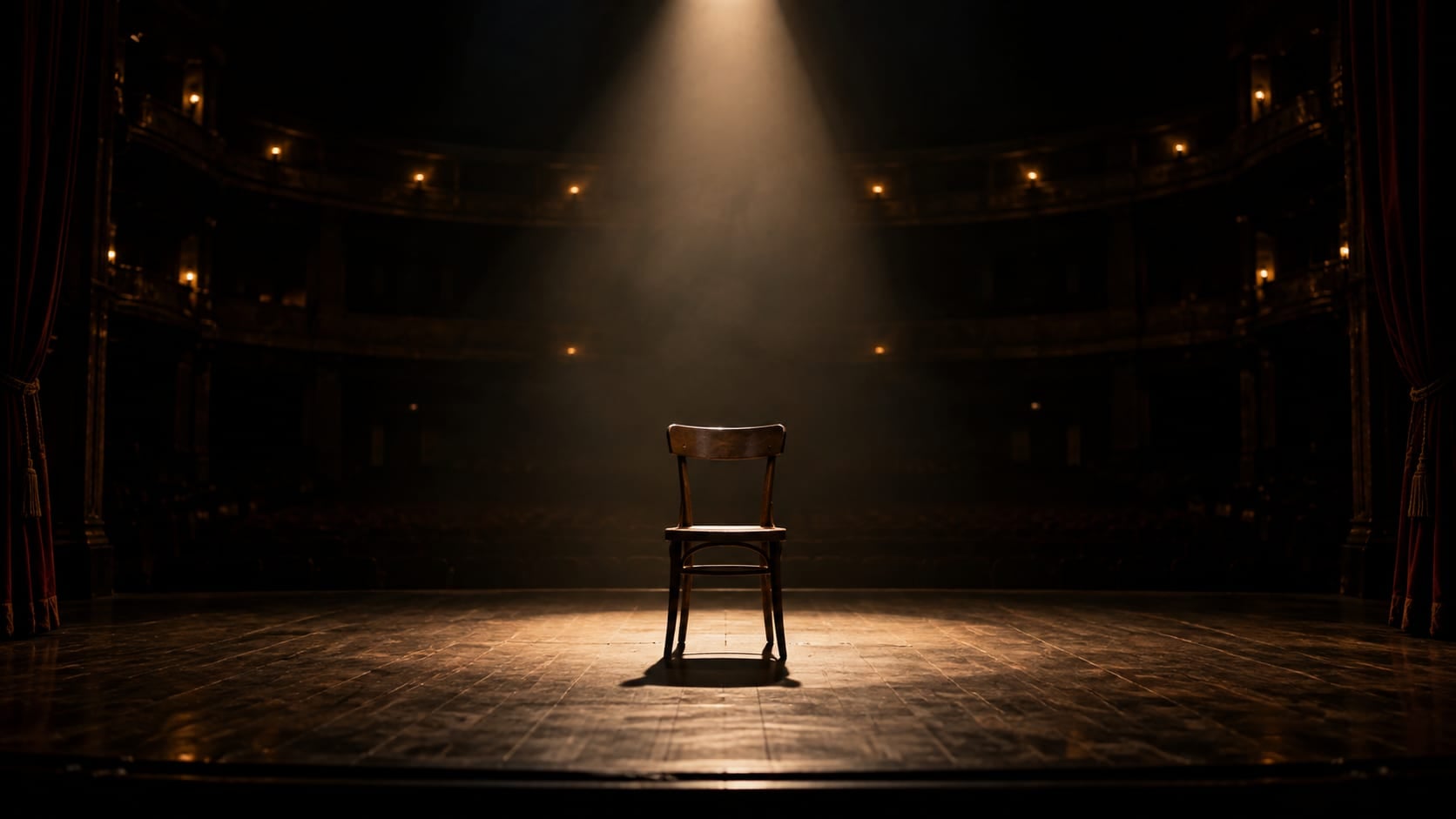 Palco vazio com uma única cadeira sob um foco de luz