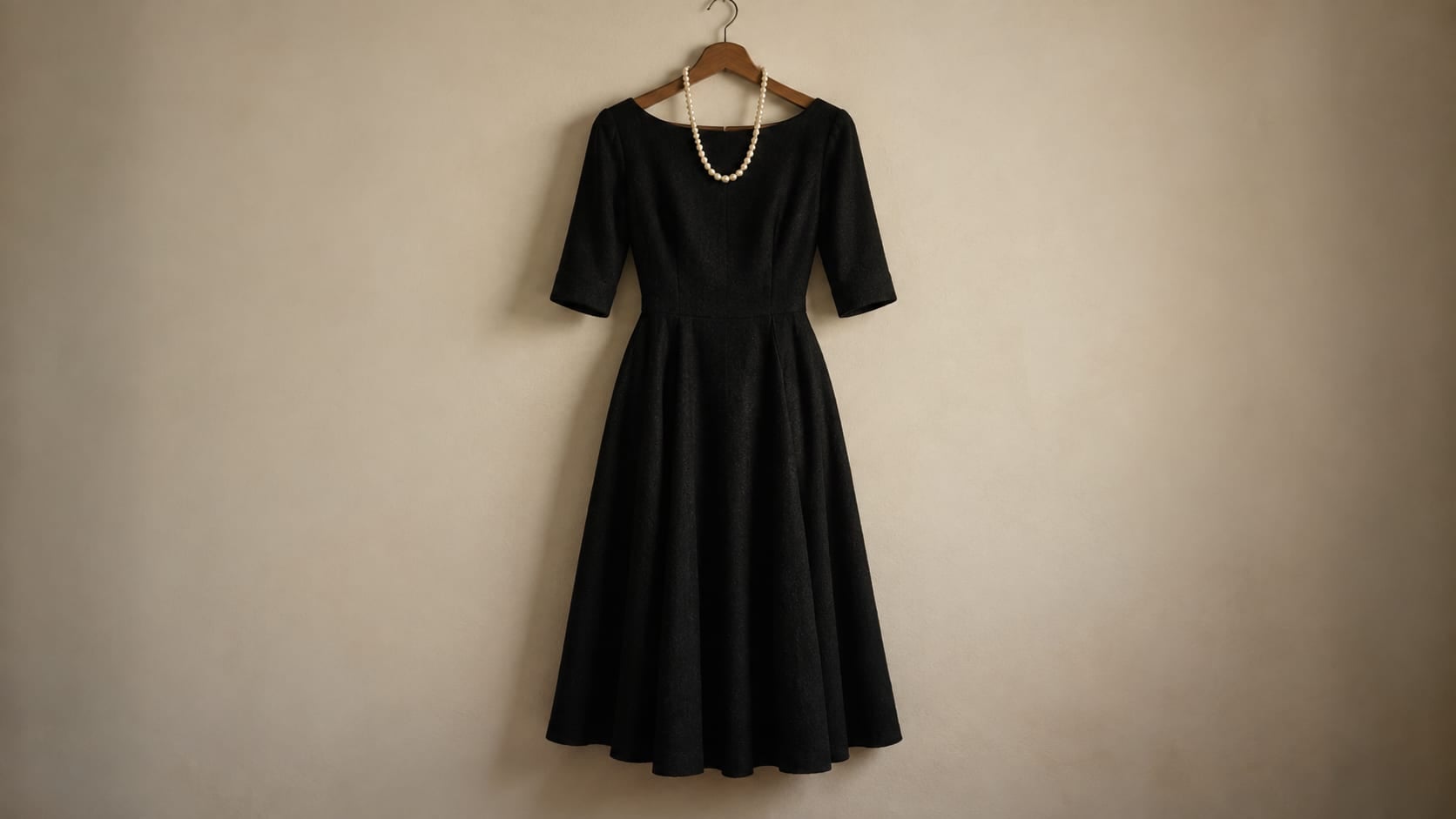 Um vestido preto simples num cabide de madeira contra uma parede clara, com um colar de pérolas pendurado ao lado.