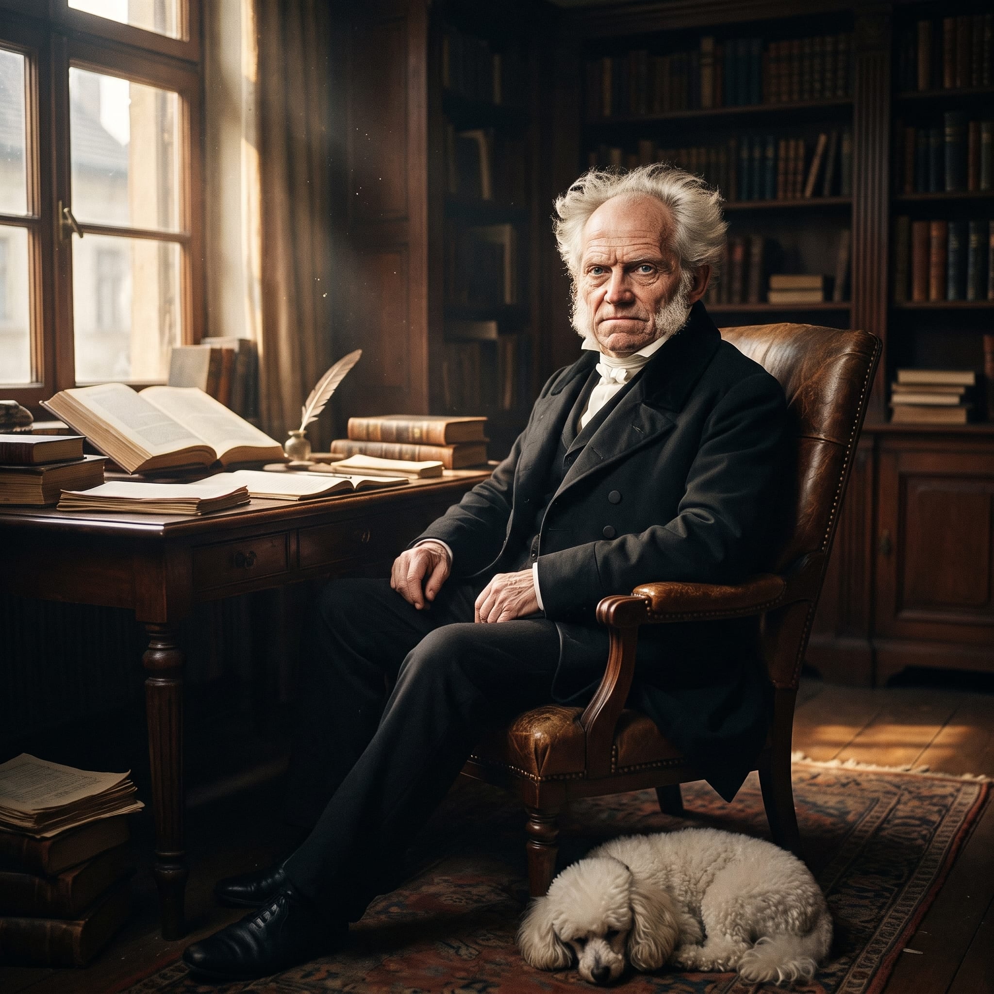 Schopenhauer, idoso, de cabelo branco desgrenhado, sentado em um escritório com estantes e um poodle branco dormindo aos pés