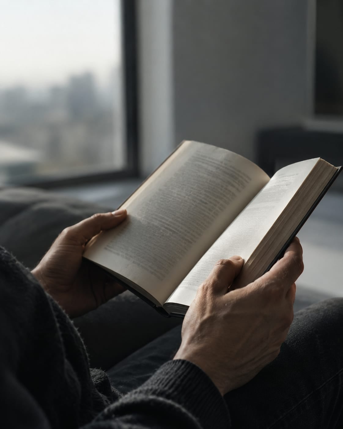 Mãos segurando um livro aberto, com um interior contemporâneo desfocado ao fundo