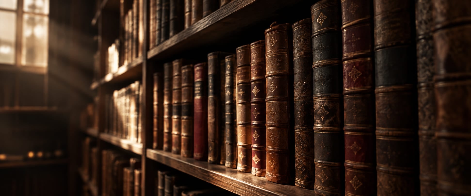 Estante de biblioteca em ângulo, com lombadas de couro antigas sem títulos legíveis