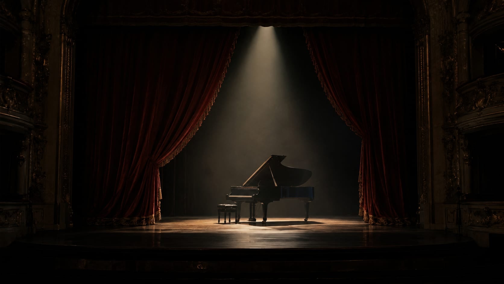 Palco de ópera vazio com cortina vermelha entreaberta e um piano de cauda sob um único foco de luz