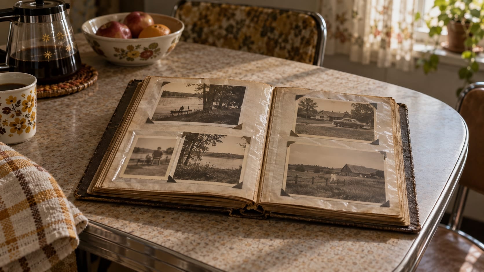 Álbum de fotografias antigas aberto sobre uma mesa de fórmica dos anos 1970, com fotos em sépia de um lago, uma casa com carro e um celeiro