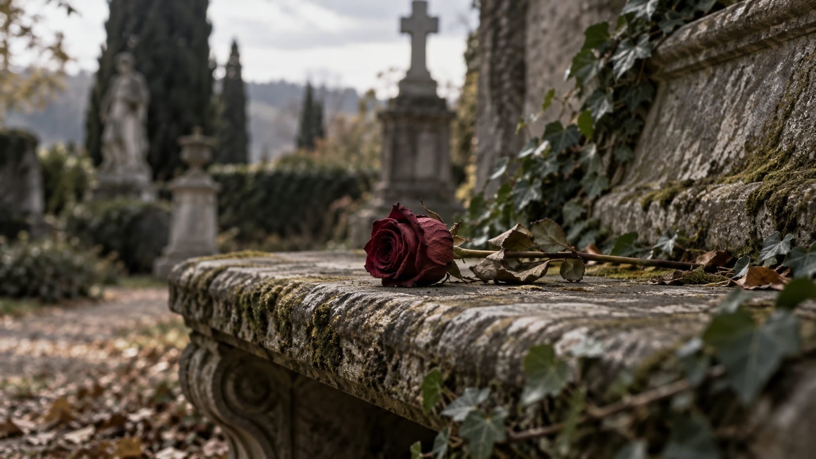 Rosa vermelha seca sobre um banco de pedra coberto de hera em um cemitério antigo, sob luz suave