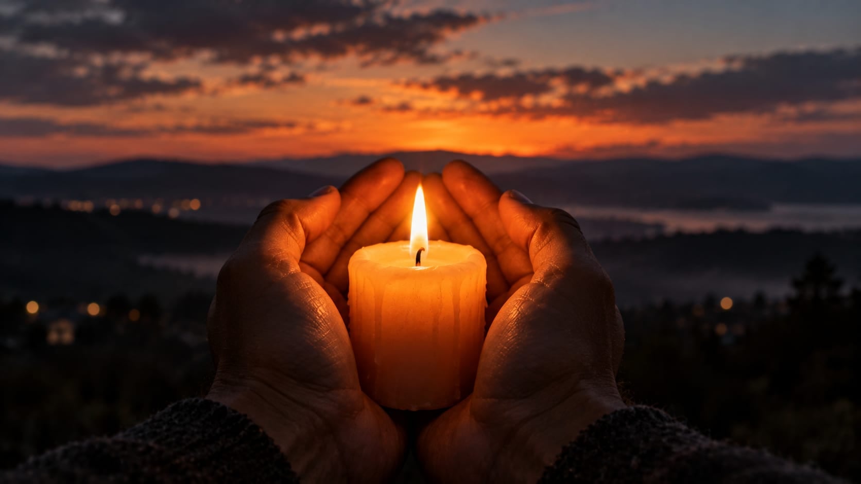 Mãos segurando uma vela acesa diante do céu no crepúsculo