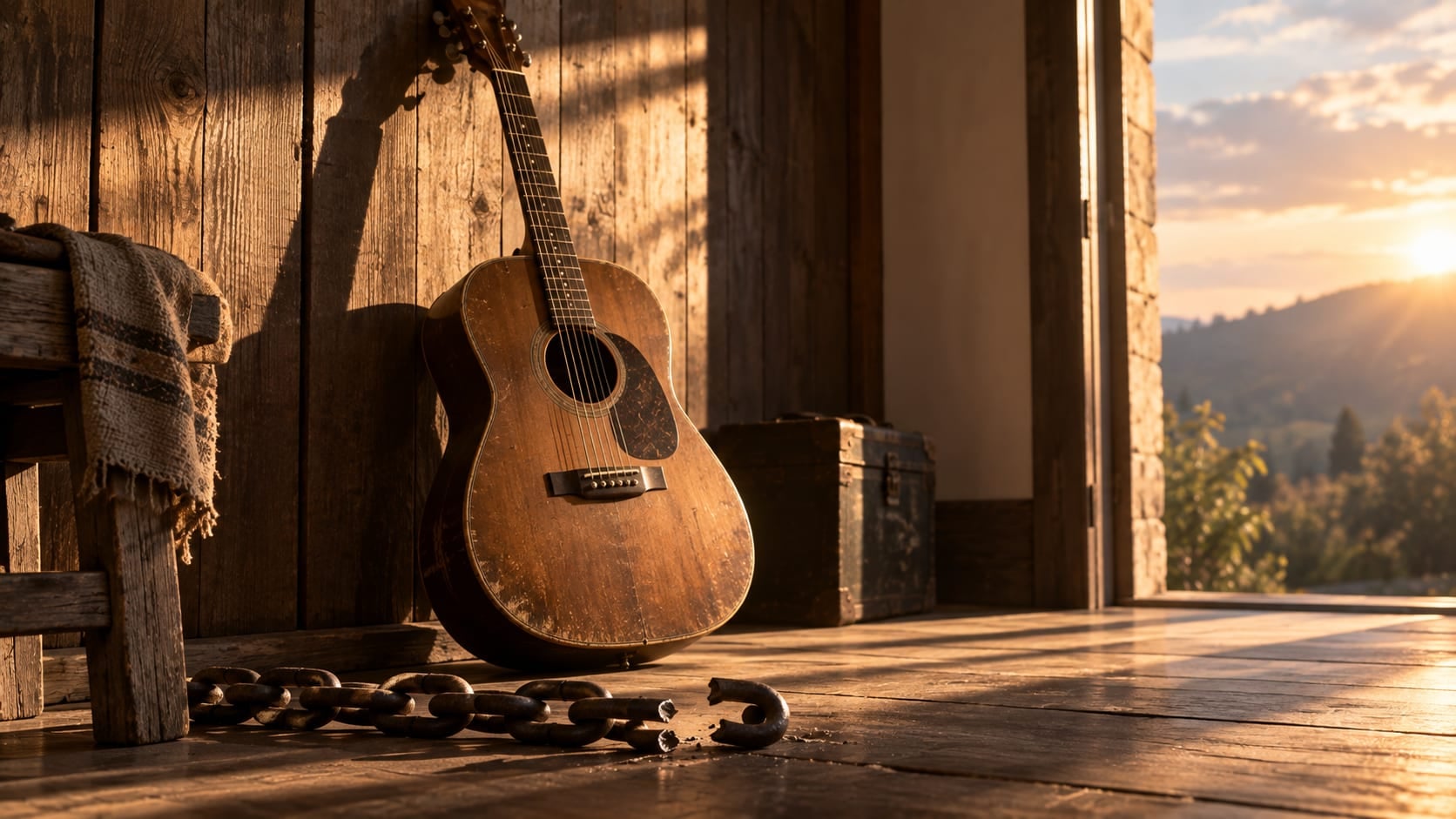 Violão acústico gasto encostado em uma parede de madeira, iluminado pela luz da tarde, com correntes abertas no chão