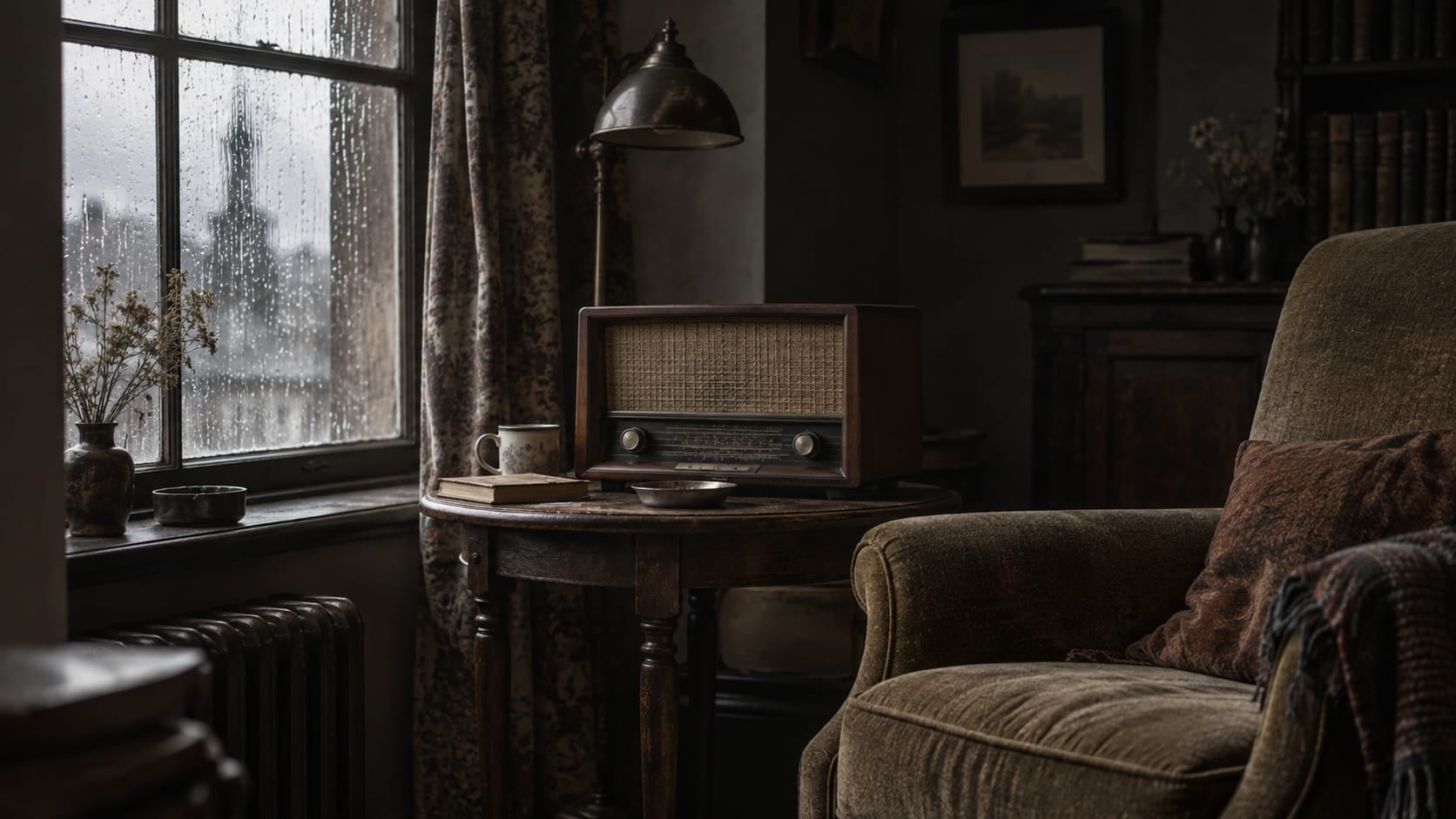 Rádio antigo sobre uma mesa junto a uma janela com chuva, ao lado de uma cadeira vazia