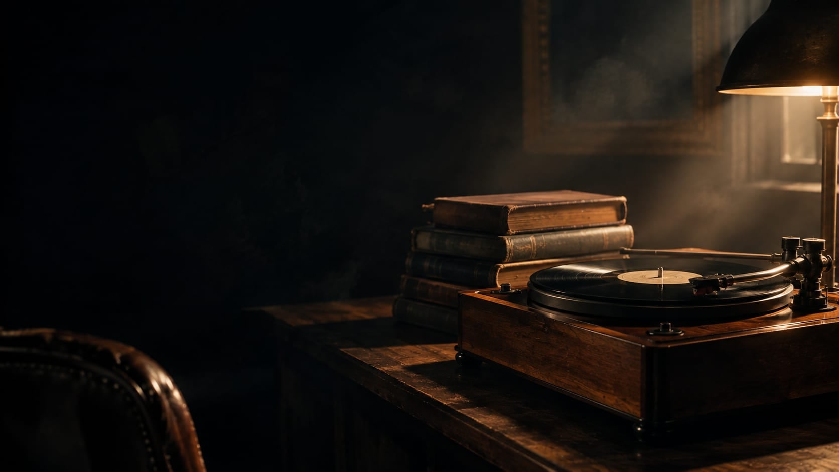 Toca-discos antigo com um disco girando ao lado de livros empilhados, em uma sala escura