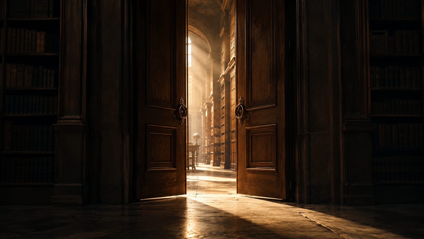 Porta de madeira entreaberta de uma biblioteca antiga, com luz quente atravessando para um corredor de estantes