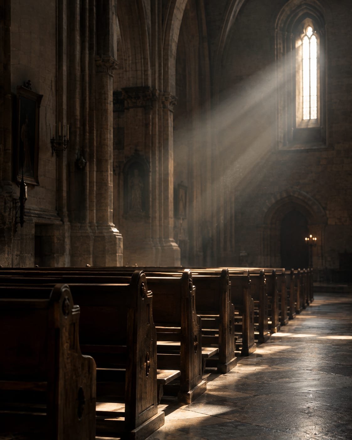 Interior vazio de uma igreja europeia com um único feixe de luz sobre os bancos