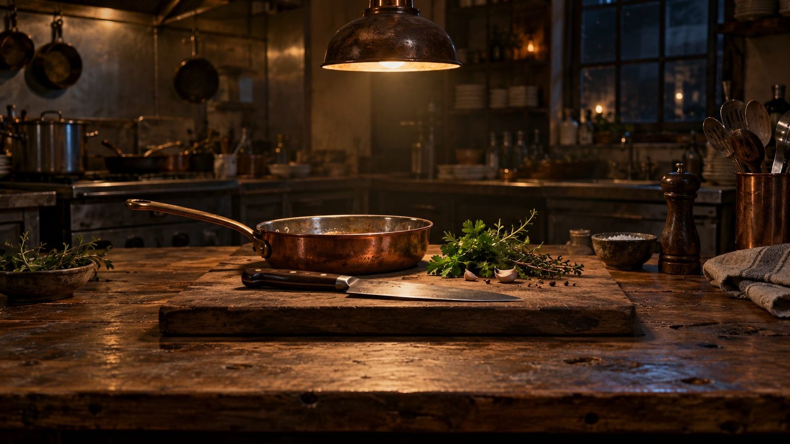 Bancada de madeira gasta numa pequena cozinha de restaurante à noite, com uma panela de cobre, uma faca e ervas frescas sobre uma tábua, sob a luz quente de uma luminária pendente