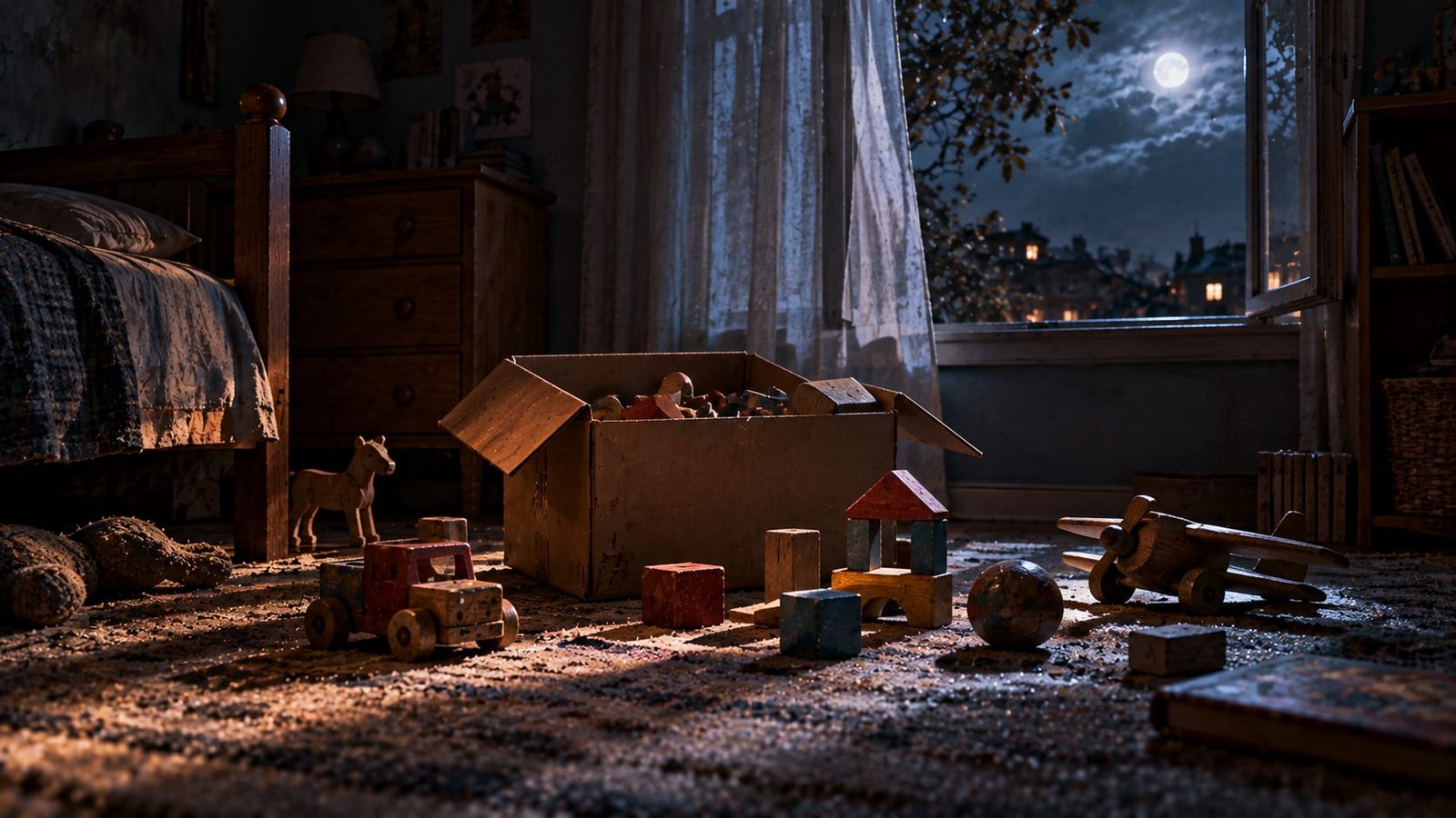 Caixa de papelão aberta com blocos de madeira gastos e brinquedos simples feitos à mão no chão de um quarto de criança à noite, sob a luz pálida da lua que entra pela janela