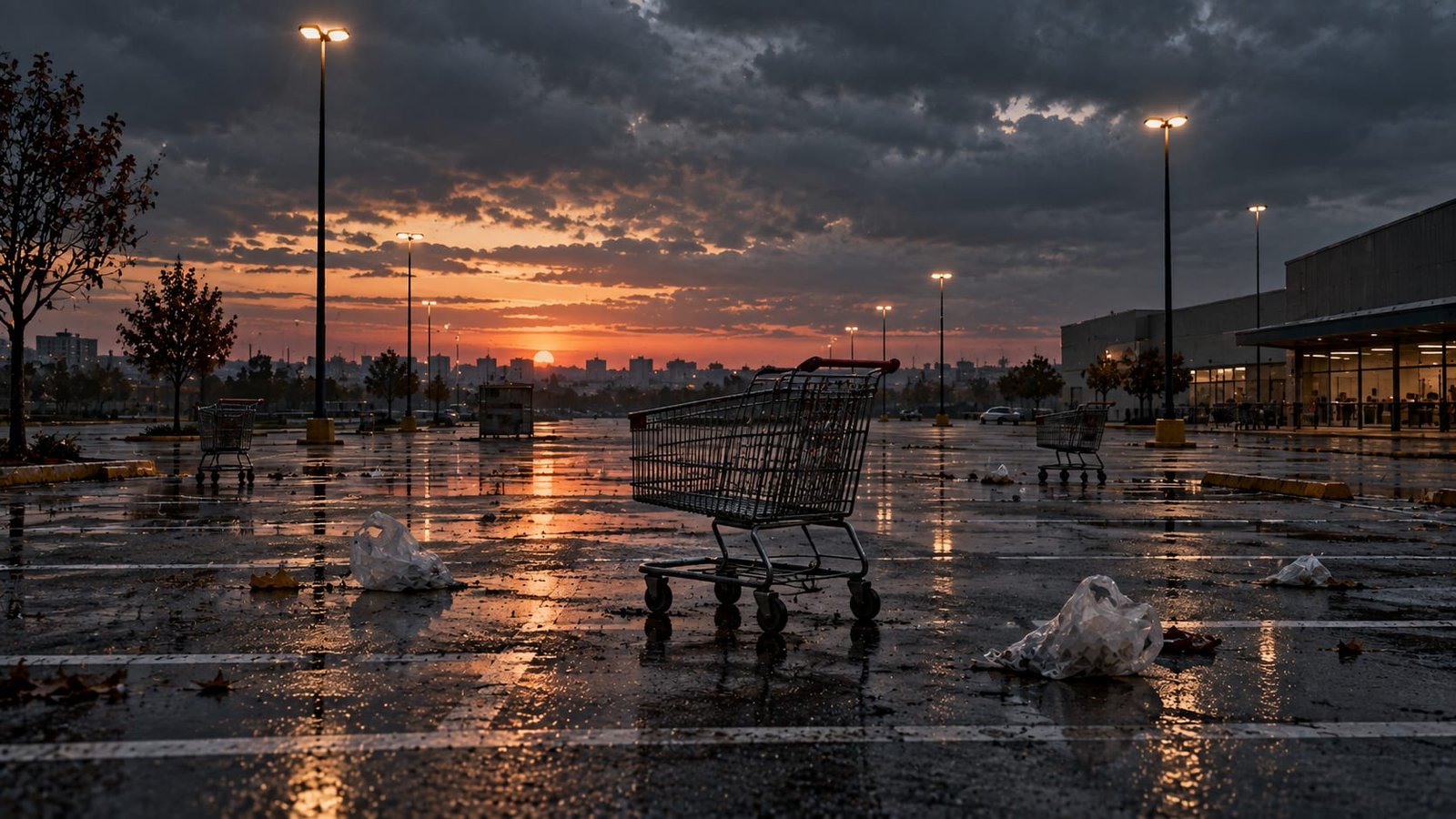 Estacionamento de supermercado deserto ao entardecer, com alguns carrinhos de compras abandonados e sacolas plásticas levadas pelo vento sobre o asfalto vazio, sob um céu nublado e pálido