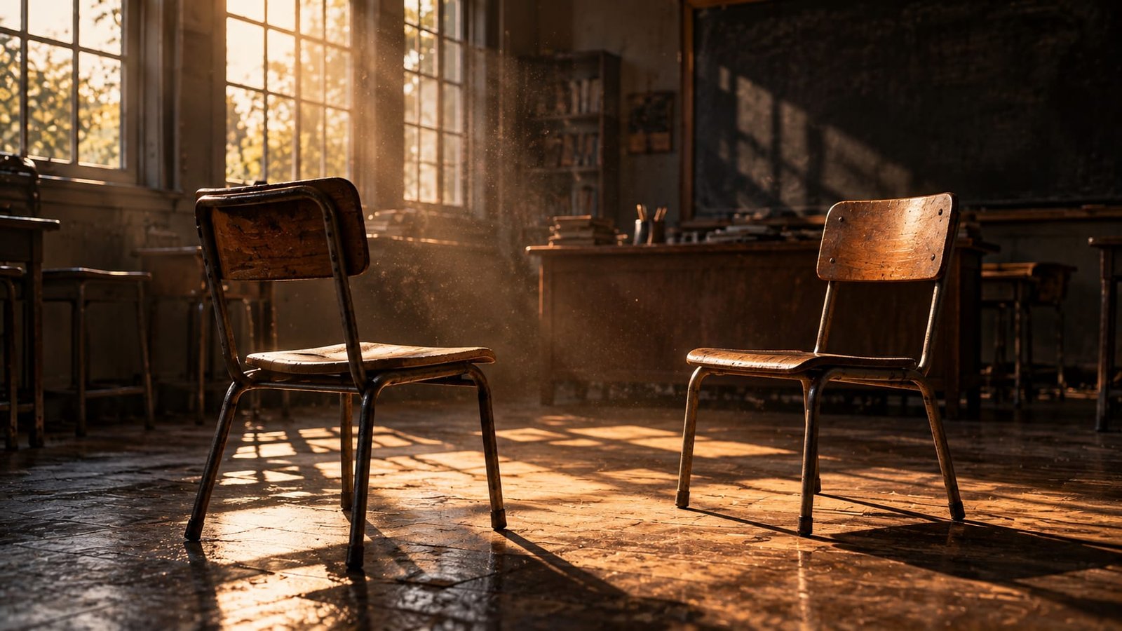 Duas cadeiras escolares de madeira vazias, uma diante da outra, em uma sala de aula silenciosa, uma levemente virada, com poeira suspensa na luz suave da manhã e sombras longas no chão
