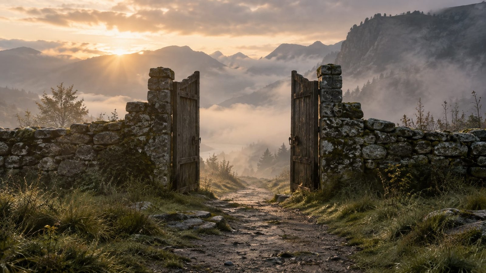 Velho portão de madeira entreaberto na borda de um vale de montanhas coberto de névoa ao amanhecer, com uma trilha estreita seguindo além dele para dentro da neblina