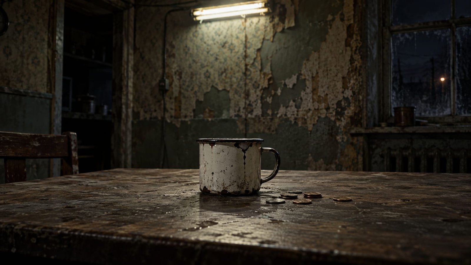 Caneca esmaltada lascada e algumas moedas sobre uma mesa vazia em um quarto decadente à noite, sob luz fluorescente dura, com papel de parede descascando ao fundo