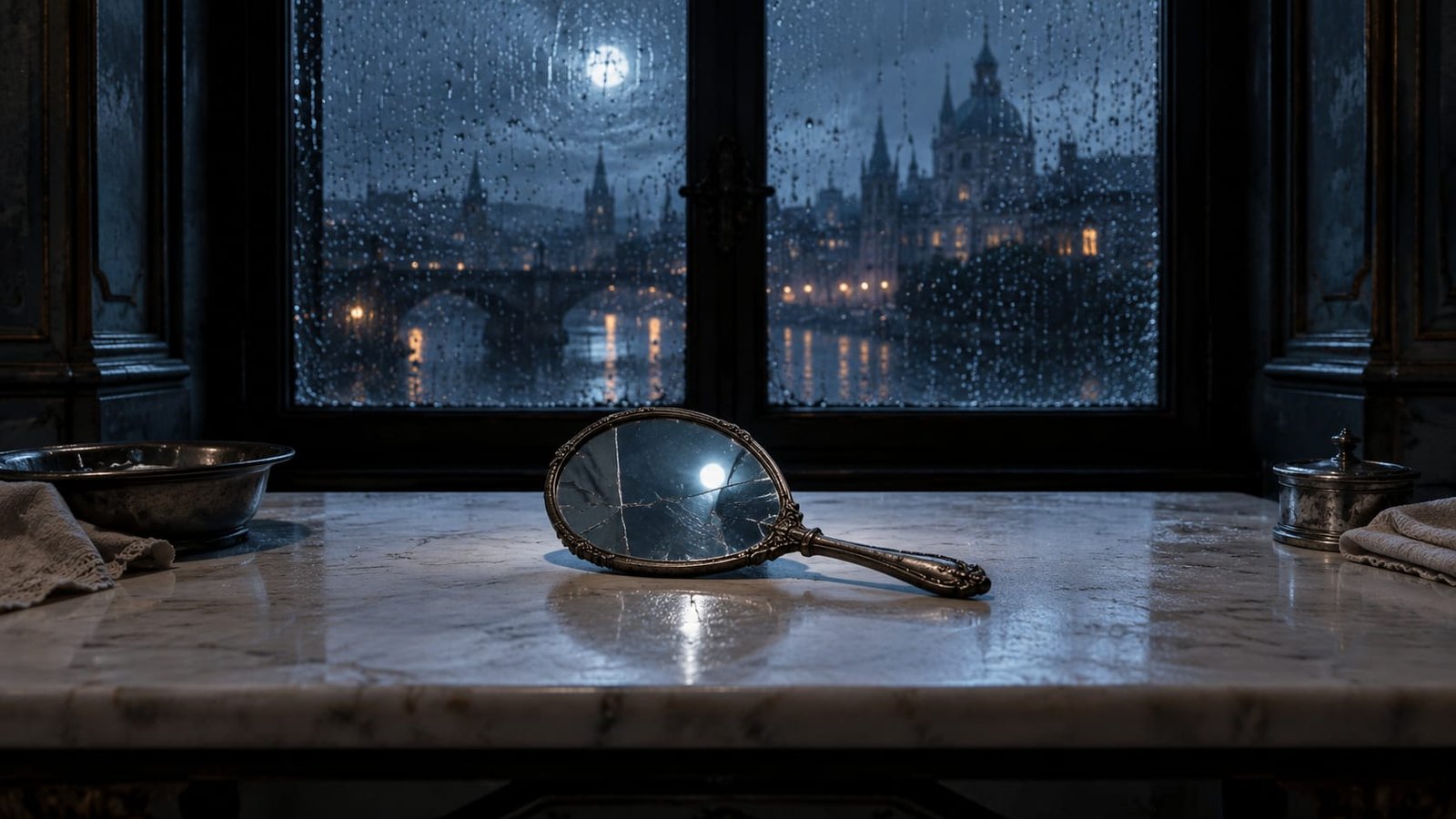 Mesa branca e estéril junto a uma janela molhada de chuva à noite, com um pequeno espelho de mão rachado refletindo um único ponto de luz fria e a névoa azulada de uma cidade distante além do vidro