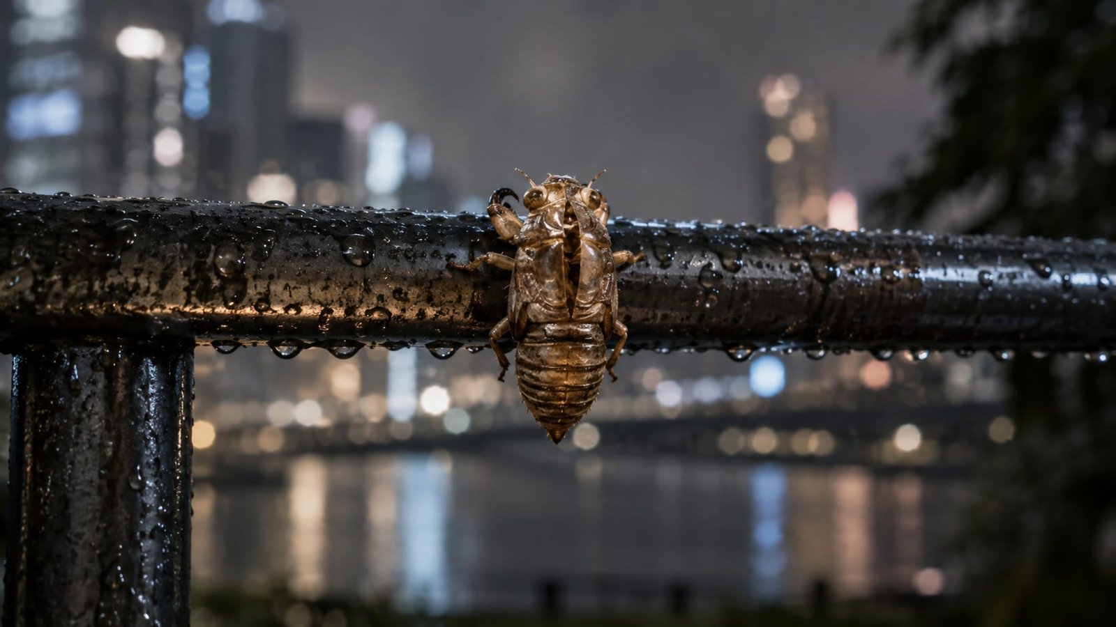 Casca vazia de uma cigarra presa a um corrimão de metal molhado de chuva à noite, iluminada por reflexos frios de neon vindos de uma cidade fora de vista