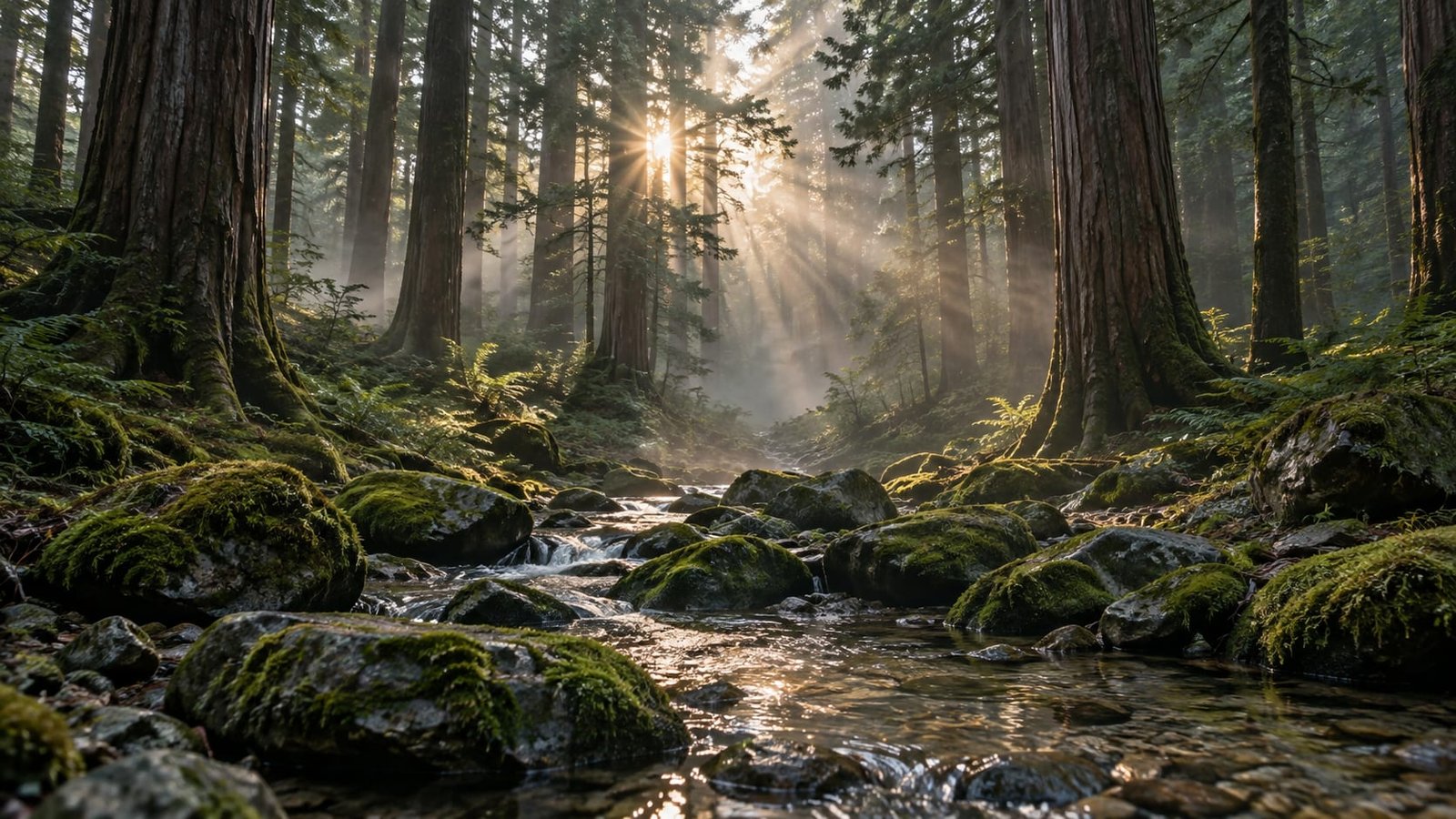 Floresta de cedros na montanha com névoa ao amanhecer, pedras cobertas de musgo à beira de um riacho raso, com pólen e poeira brilhando nos feixes de sol entre os troncos