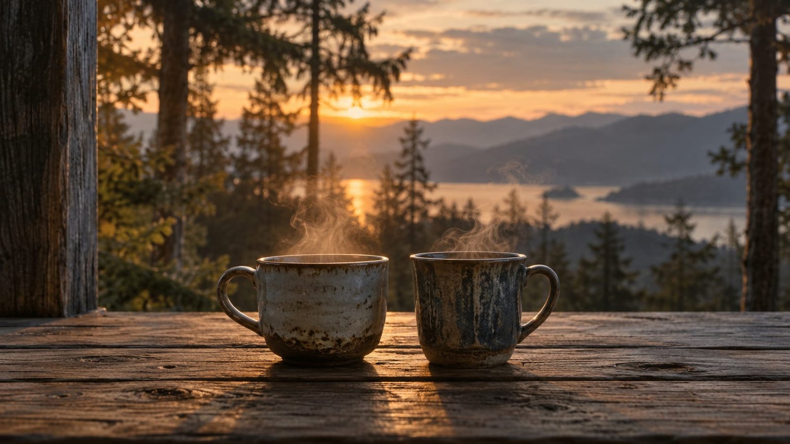 Duas xícaras de cerâmica diferentes lado a lado em uma varanda de madeira gasta ao entardecer, com vapor subindo de ambas e luz suave entre árvores altas