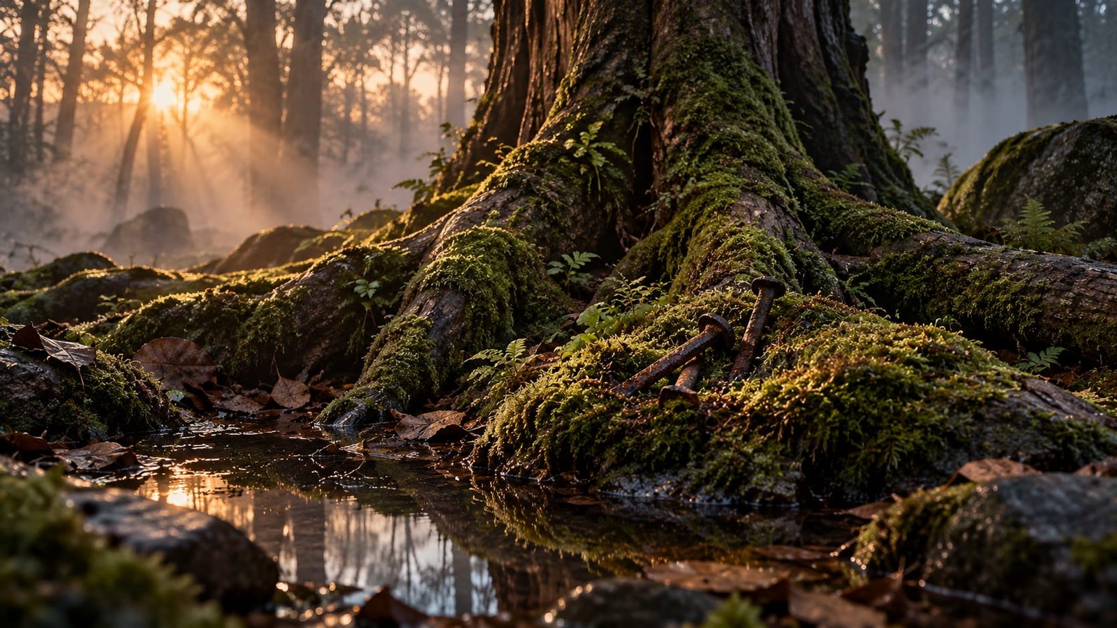 Raízes antigas cobertas de musgo em uma floresta enevoada ao amanhecer, com alguns pregos de ferro enferrujados meio enterrados no musgo, ao lado de uma pequena poça de água parada
