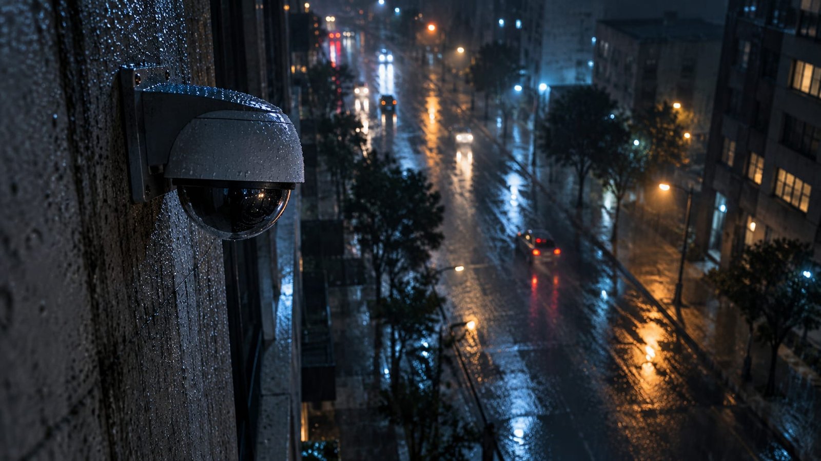Rua de cidade chuvosa à noite vista de uma janela alta, com uma pequena câmera de vigilância numa parede de concreto molhada em primeiro plano e reflexos desfocados de luzes no asfalto
