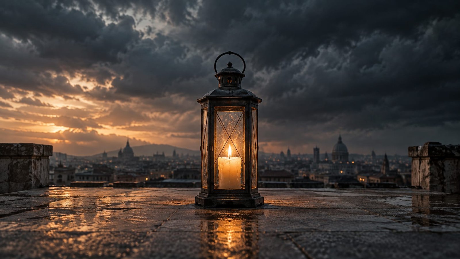 Lanterna de vidro com uma vela acesa sobre um terraço vazio ao entardecer, com nuvens de tempestade se acumulando sobre uma cidade desfocada ao longe