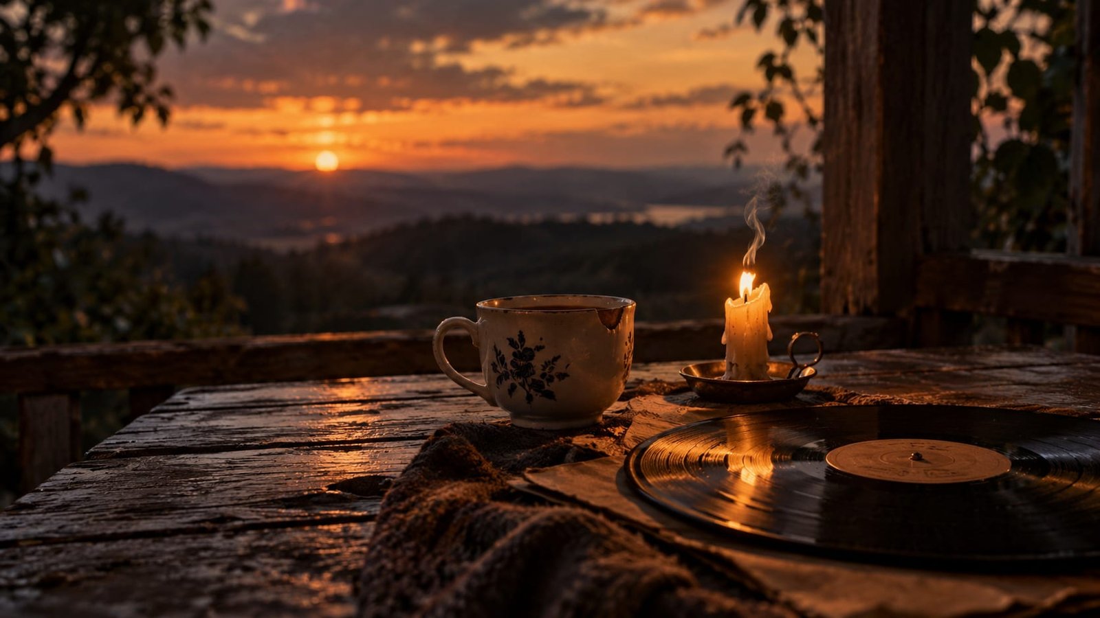 Xícara de cerâmica lascada e um disco de vinil antigo sobre uma varanda de madeira gasta ao entardecer, ao lado de uma vela prestes a se apagar, sob uma luz quente que se esvai