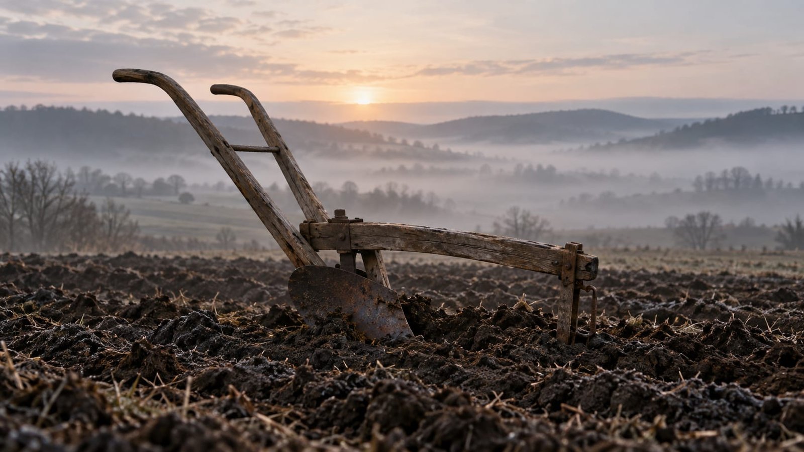 Campo recém-arado sob um céu pálido do norte ao amanhecer, com um arado de madeira simples entre os sulcos, uma lâmina de ferro enferrujada meio enterrada na terra escura e névoa sobre colinas baixas ao fundo