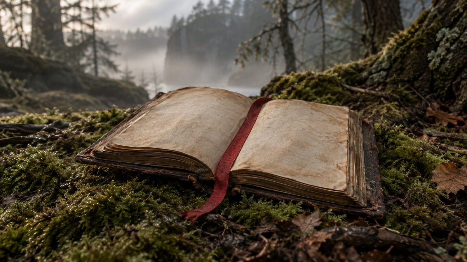 Livro antigo aberto sobre o chão de uma floresta enevoada