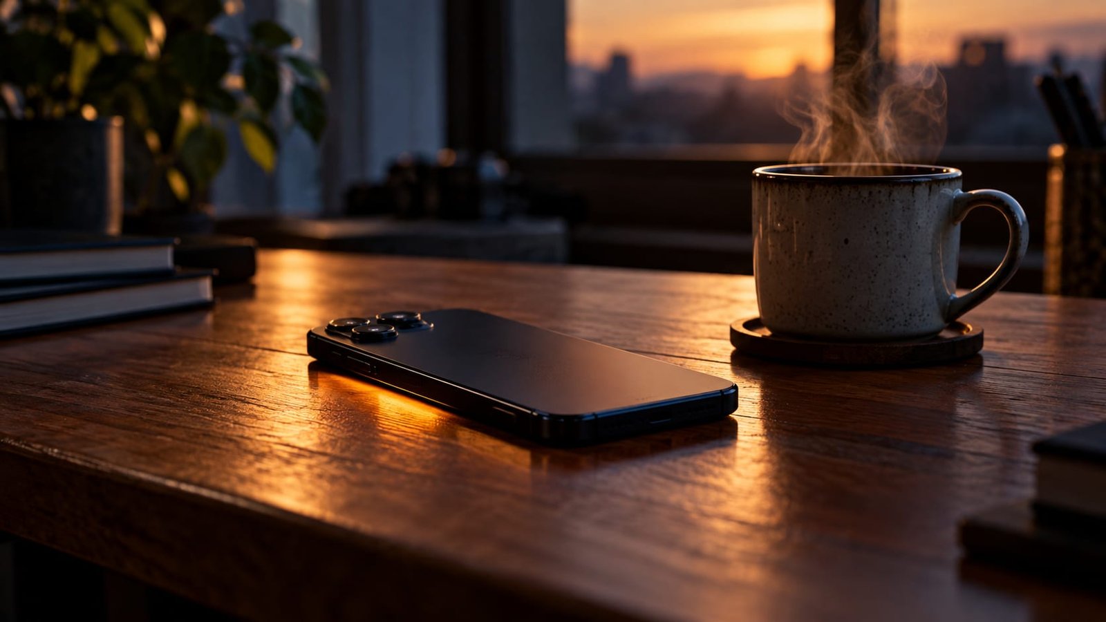 Celular virado para baixo sobre uma mesa, com a tela acesa refletida na madeira