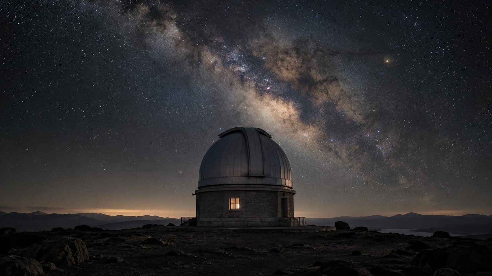Céu noturno com a Via Láctea sobre um observatório isolado