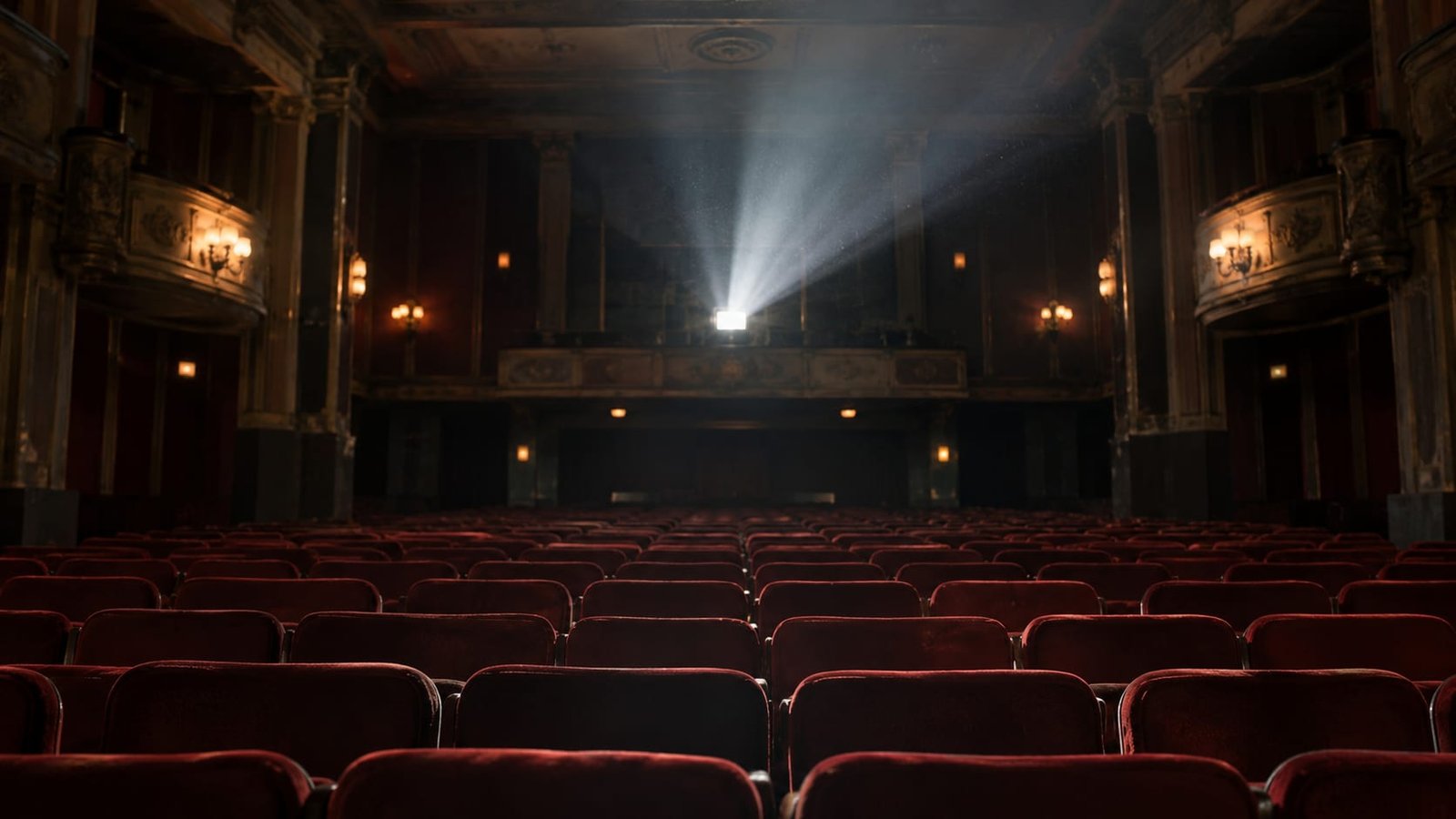 Sala de cinema vazia com a luz do projetor atravessando a poeira