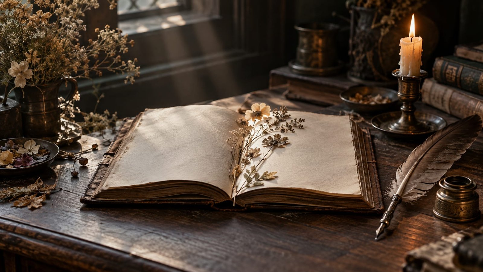 Caderno aberto com uma pena ao lado, à luz de uma vela