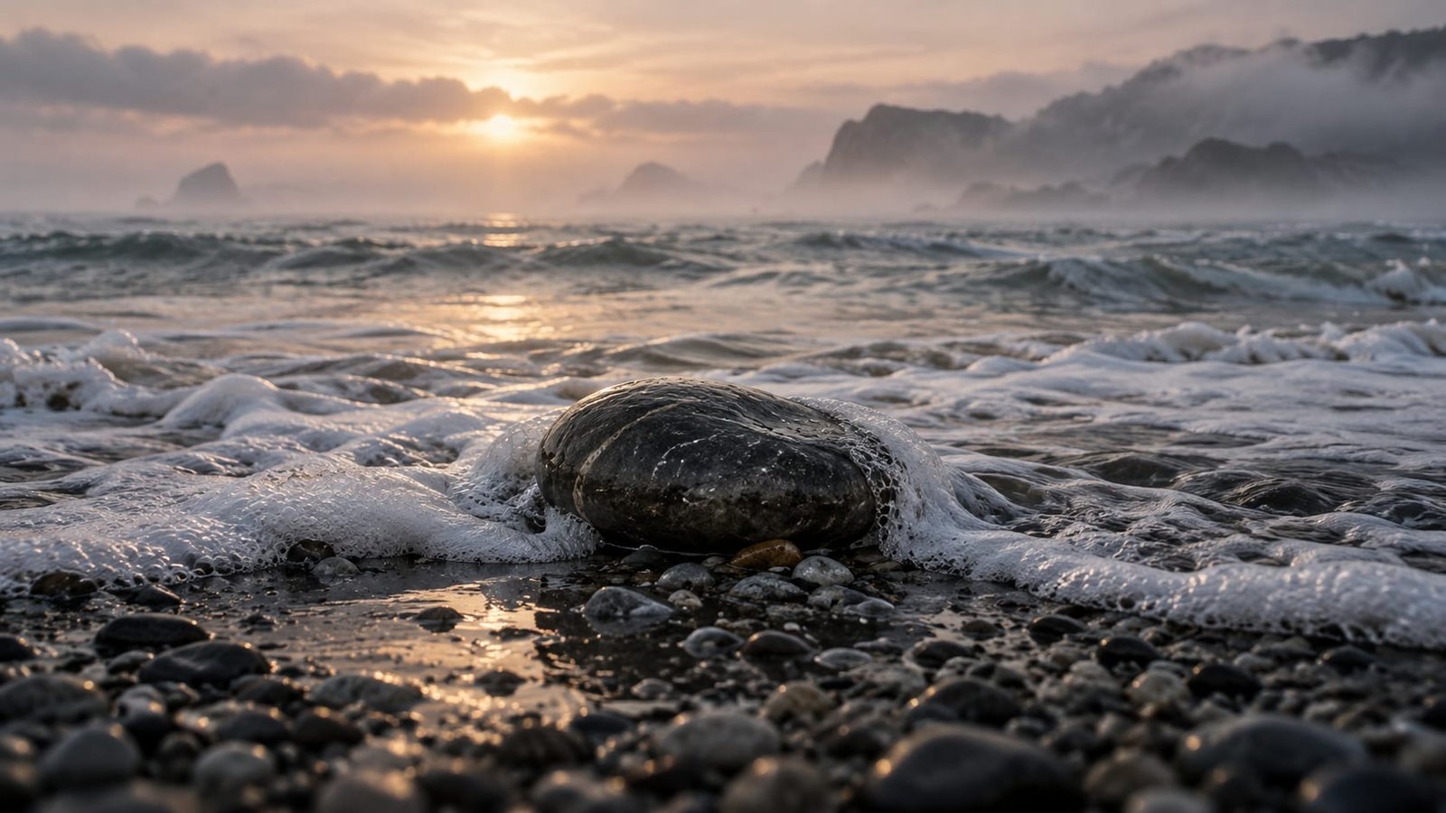 Espuma do mar se desfazendo numa praia de seixos escuros ao amanhecer, com uma pedra lisa meio coberta pela onda que recua e névoa clara sobre a água