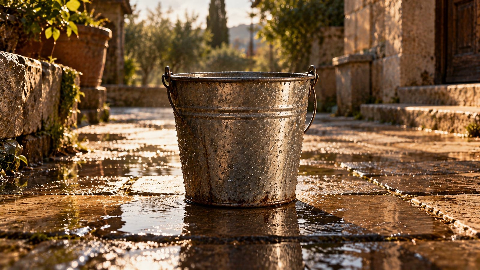 Um balde de metal vazio sobre uma calçada molhada, com gotas de água brilhando sob a luz do sol e condensação nas laterais
