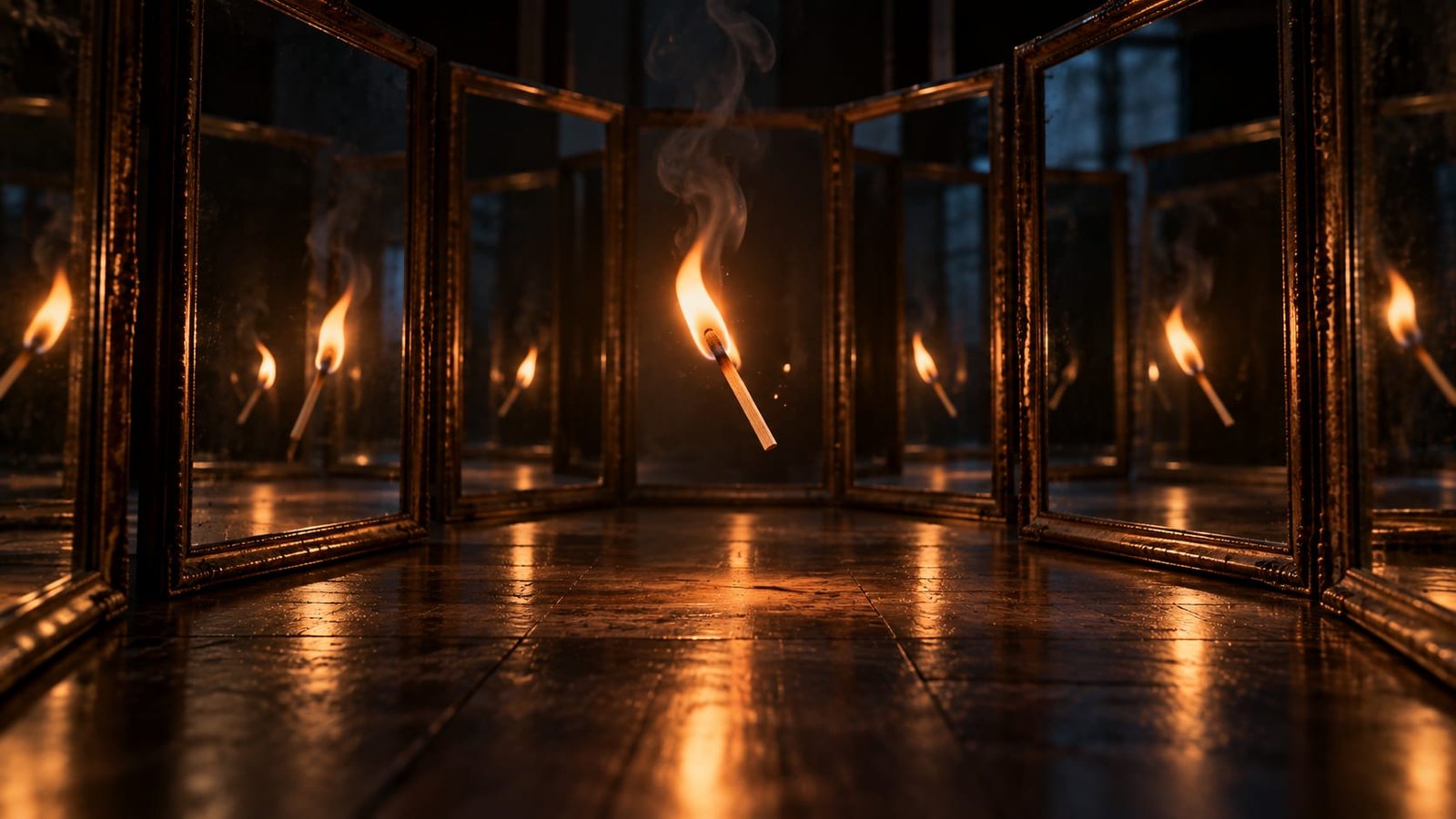 Um único fósforo aceso caindo num cômodo escuro, sua chama refletida em vários espelhos posicionados ao redor