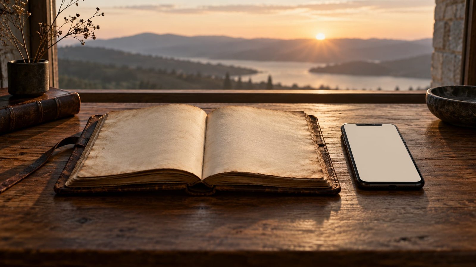 Um caderno de couro antigo aberto ao lado de um celular com a tela de anotações em branco, sobre uma mesa de madeira ao nascer do sol