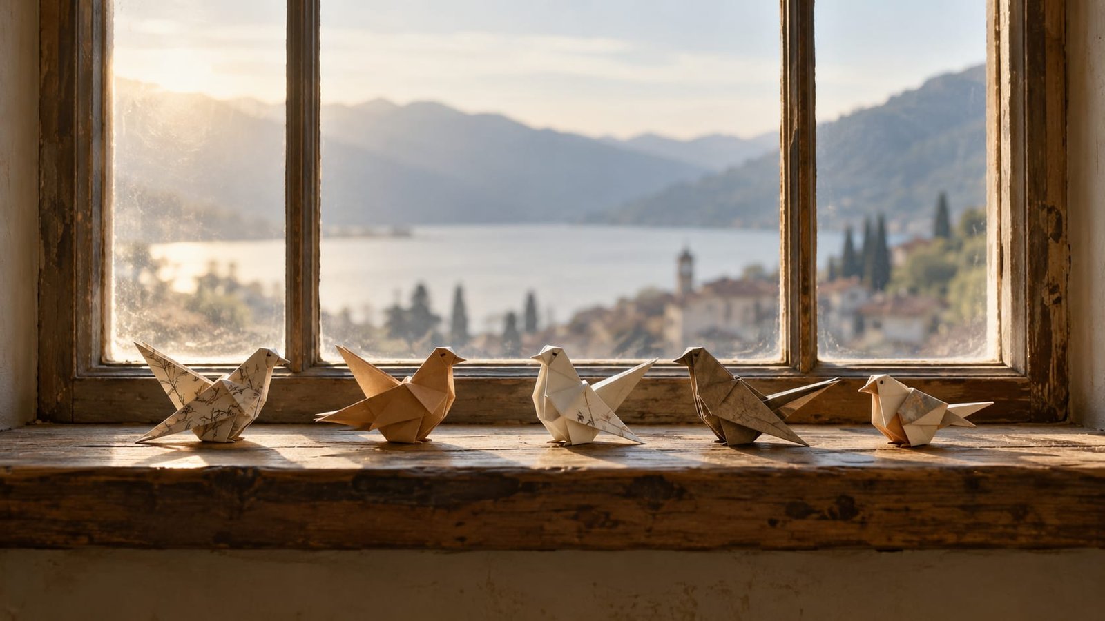 Fileira de pássaros de origami sobre o parapeito de uma janela de madeira, todos parecidos, mas com dobras levemente diferentes, sob luz da manhã