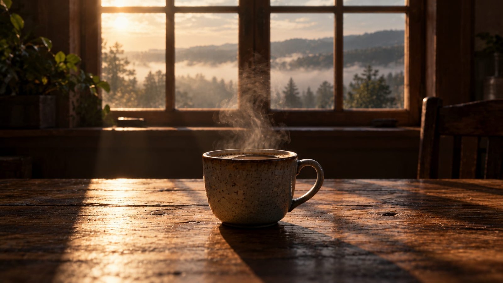 Uma xícara de café intacta sobre uma mesa de madeira, com fumaça à deriva passando pela janela atrás dela, o cômodo vazio