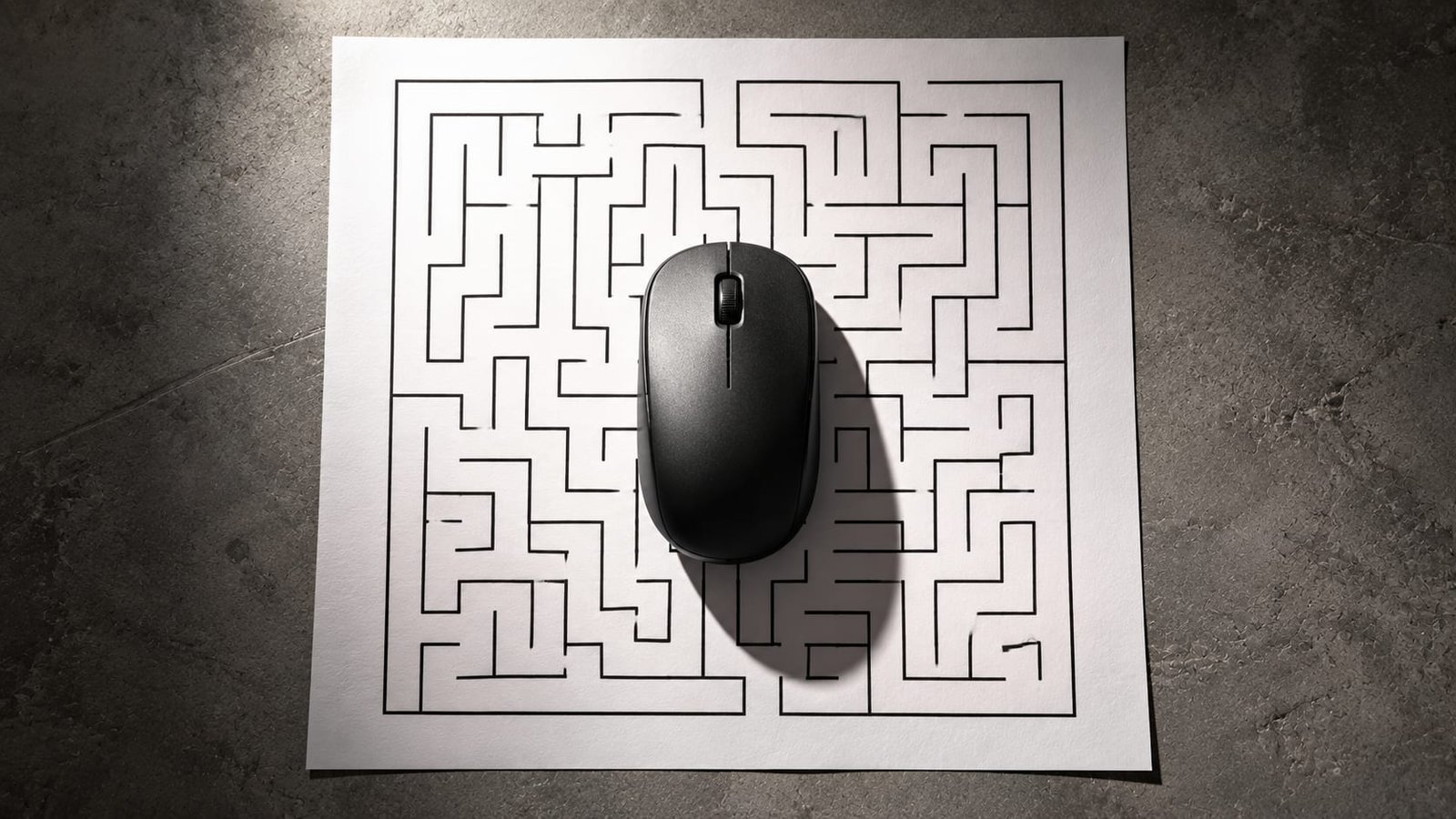 Um mouse de computador sobre um labirinto impresso em papel, desenhado em linhas finas pretas, sob luz dura vinda de cima, sem texto ou logotipos