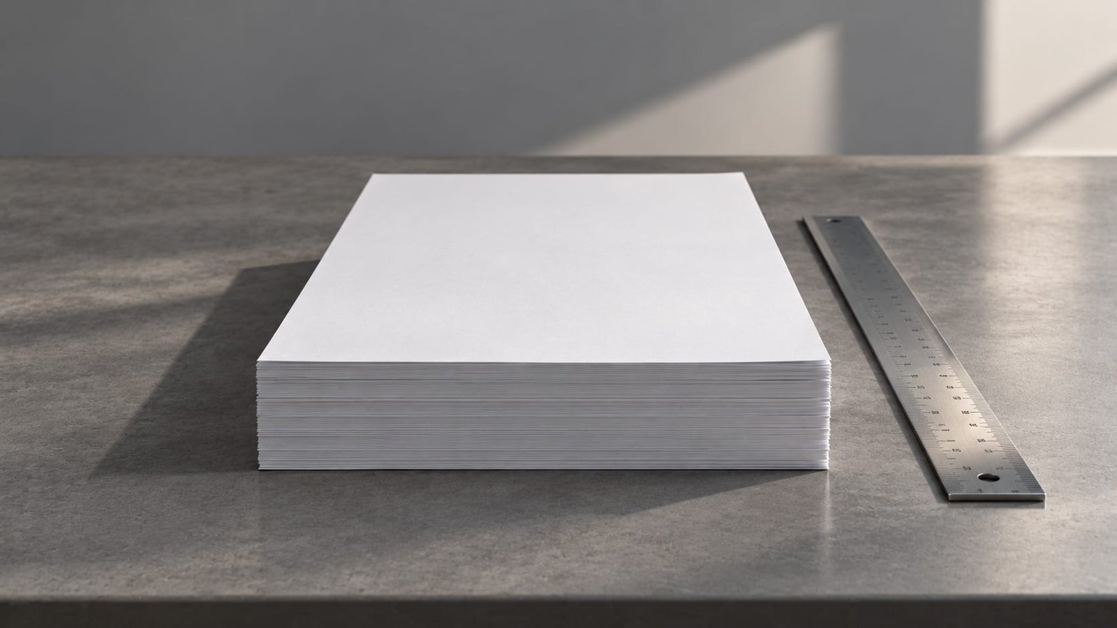 Uma pilha de folhas de papel em branco perfeitamente alinhadas sobre uma mesa cinza, com uma régua de metal ao lado, luz neutra de estúdio, sem nenhum texto visível