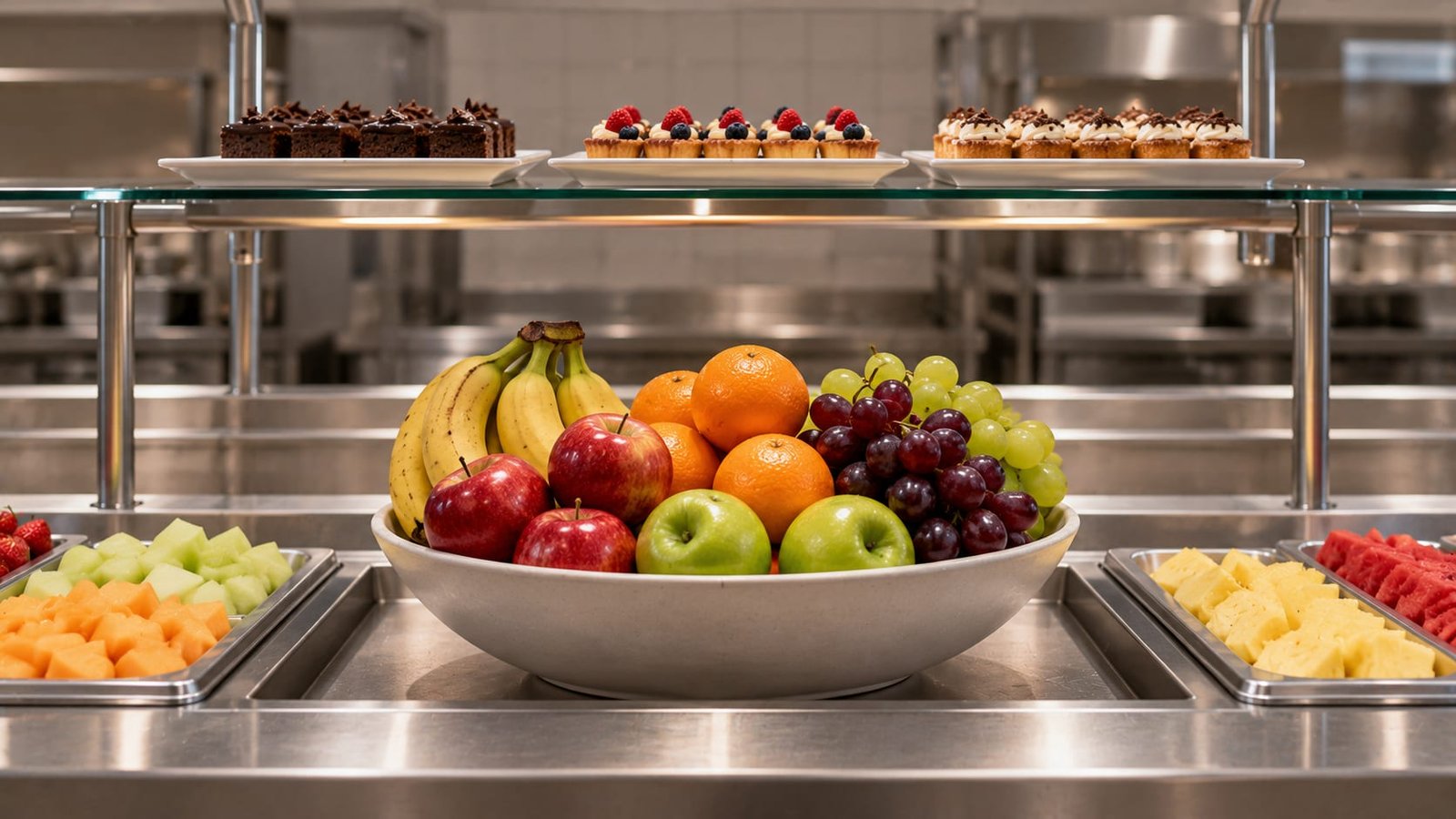 Uma bandeja de refeitório com uma tigela de frutas à altura dos olhos na frente e uma prateleira de doces mais atrás e mais alta, luz neutra suave, sem texto nem pessoas