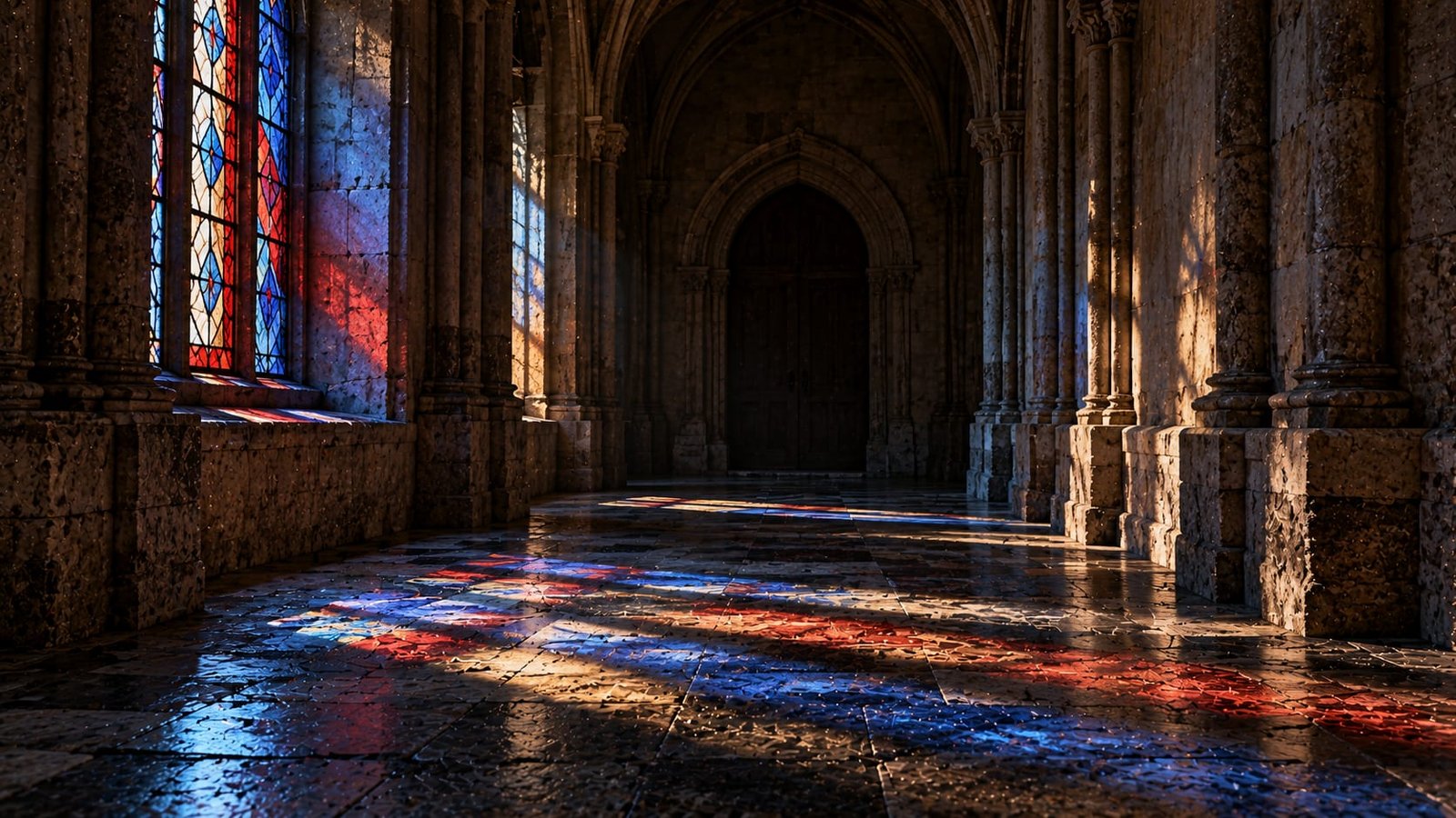 Luz colorida entrando por uma janela alta e projetando manchas de azul e vermelho sobre o chão de pedra escuro de um corredor vazio