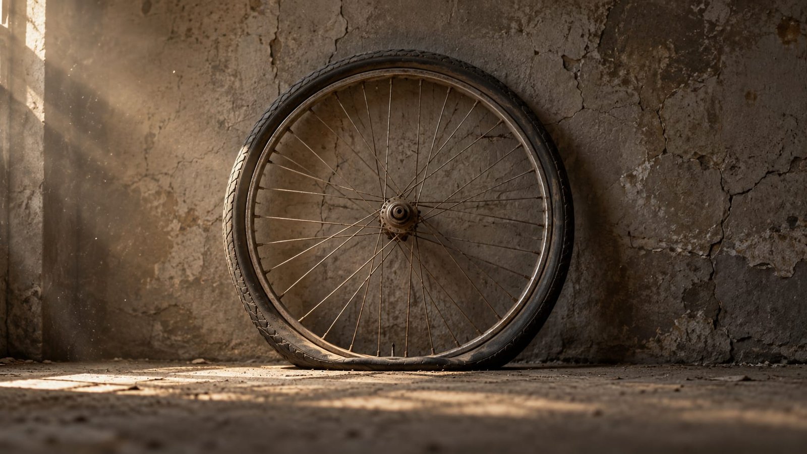 Uma roda de bicicleta solitária encostada numa parede de concreto rachada, pneu murcho, poeira e luz fraca, sem ninguém presente