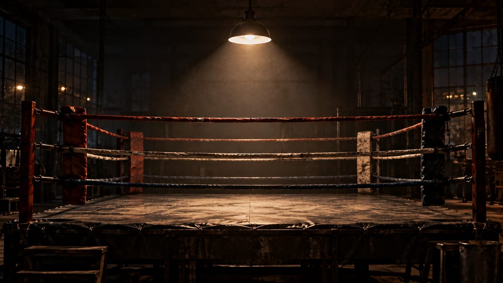 Um ringue de boxe vazio sob uma única lâmpada suspensa, à noite, cordas paradas e nenhuma pessoa presente