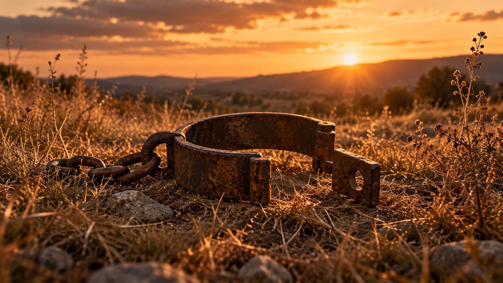 Uma algema de ferro enferrujada, aberta, caída sobre grama seca ao entardecer, com luz baixa e sombras longas