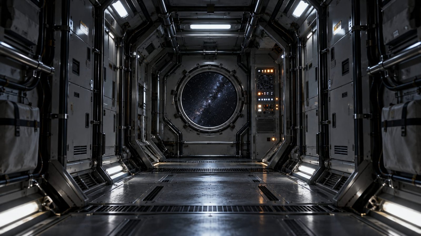 Um corredor de nave espacial banhado em luz branca e fria, um único painel de controle piscando ritmicamente, uma pequena janela redonda mostrando estrelas distantes, sem ninguém à vista.